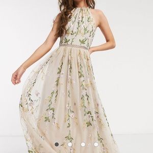 ASOS Petite halterneck embroidered floral sequin mesh maxi dress in soft beige